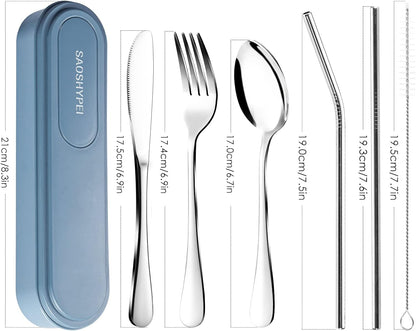 Portable Utensils Set with Case, 4pcs Stainless Steel Reusable Silverware for Lunch Camping School Picnic Workplace Travel, Lunch Box Includ Fork Spoon Knife,Easy to clean,Dishwasher Safe(Rainbow)