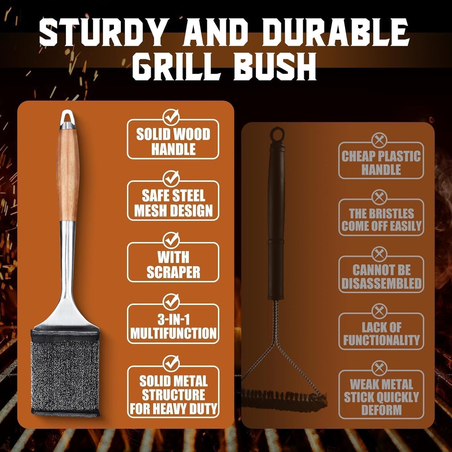 PURPLEBIRD Grill Brush Bristle Free for Outdoor Grill, 3 in 1 BBQ Brush with Scraper & Bottle Opener, Grills Cleaning Brushes with 1 Replacement Head, Grills Scrubber with Wood Handle