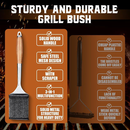 PURPLEBIRD Grill Brush Bristle Free for Outdoor Grill, 3 in 1 BBQ Brush with Scraper & Bottle Opener, Grills Cleaning Brushes with 1 Replacement Head, Grills Scrubber with Wood Handle