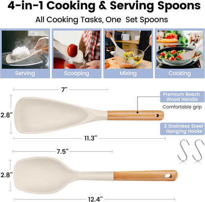 Large Silicone Cooking Spoons Set, 2 Pcs Heat Resistant Serving Spoon, Multifunction Nonstick Spatula Spoon, Kitchen Cucharras de Silicona for Mixing, Stiring, Basting, Scooping, Scraping