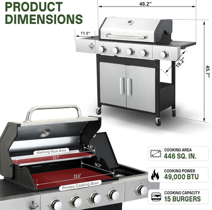Gas Grill with Side Burner, 3-Burner Propane Grill with Porcelain-Enameled Cast Iron Grates and Double-Wall Insulated Lid, 39,000 BTU BBQ Grill with Wheels for Outdoor Cooking