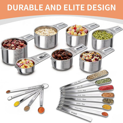 EWFEN Measuring Cups and Spoons Set, 7 Stainless Steel Nesting Measuring Cups & 7 Spoons, 5 Mini Measuring Spoons & 2 Detachable Rings, Kitchen Gadgets for Cooking & Baking, Round