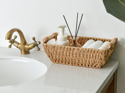 StorageWorks Hand-Woven Storage Baskets with Wooden Handles, Water Hyacinth Wicker Baskets for Organizing, 2 Pack