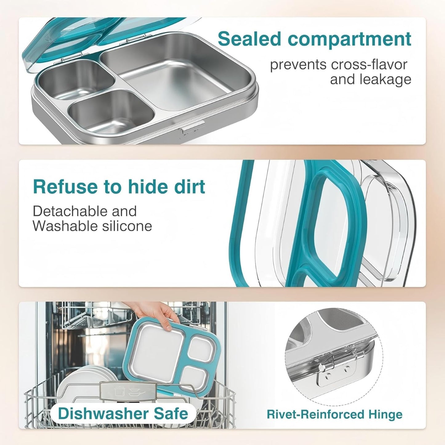 HOMEKOL Stainless Steel Bento Lunch Box, 3-Compartment Leak-Proof Lunch Container for Kids & Adults, BPA/BPS-Free 304 Metal Food Box, Dishwasher Safe, Clear Tritan Lid, Green (Not Insulated)