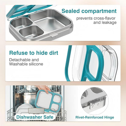 HOMEKOL Stainless Steel Bento Lunch Box, 3-Compartment Leak-Proof Lunch Container for Kids & Adults, BPA/BPS-Free 304 Metal Food Box, Dishwasher Safe, Clear Tritan Lid, Green (Not Insulated)