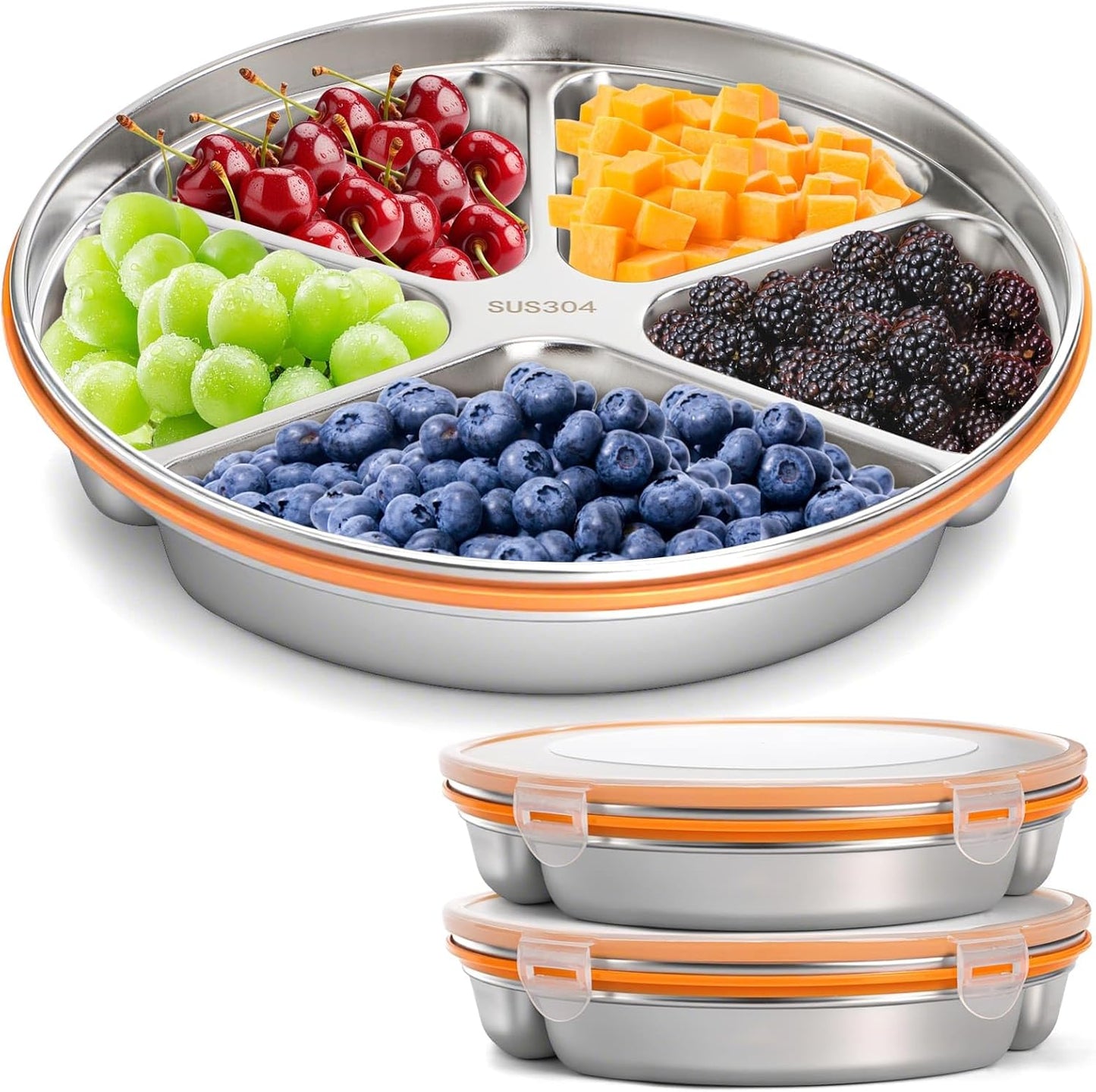 Youeon 2 Pack Stainless Steel Divided Serving Tray with Lid, 5 Compartments Round Veggie Tray Snack Box, Reusable Sectioned Food Storage Container for Meal Prep, Party, Entertaining