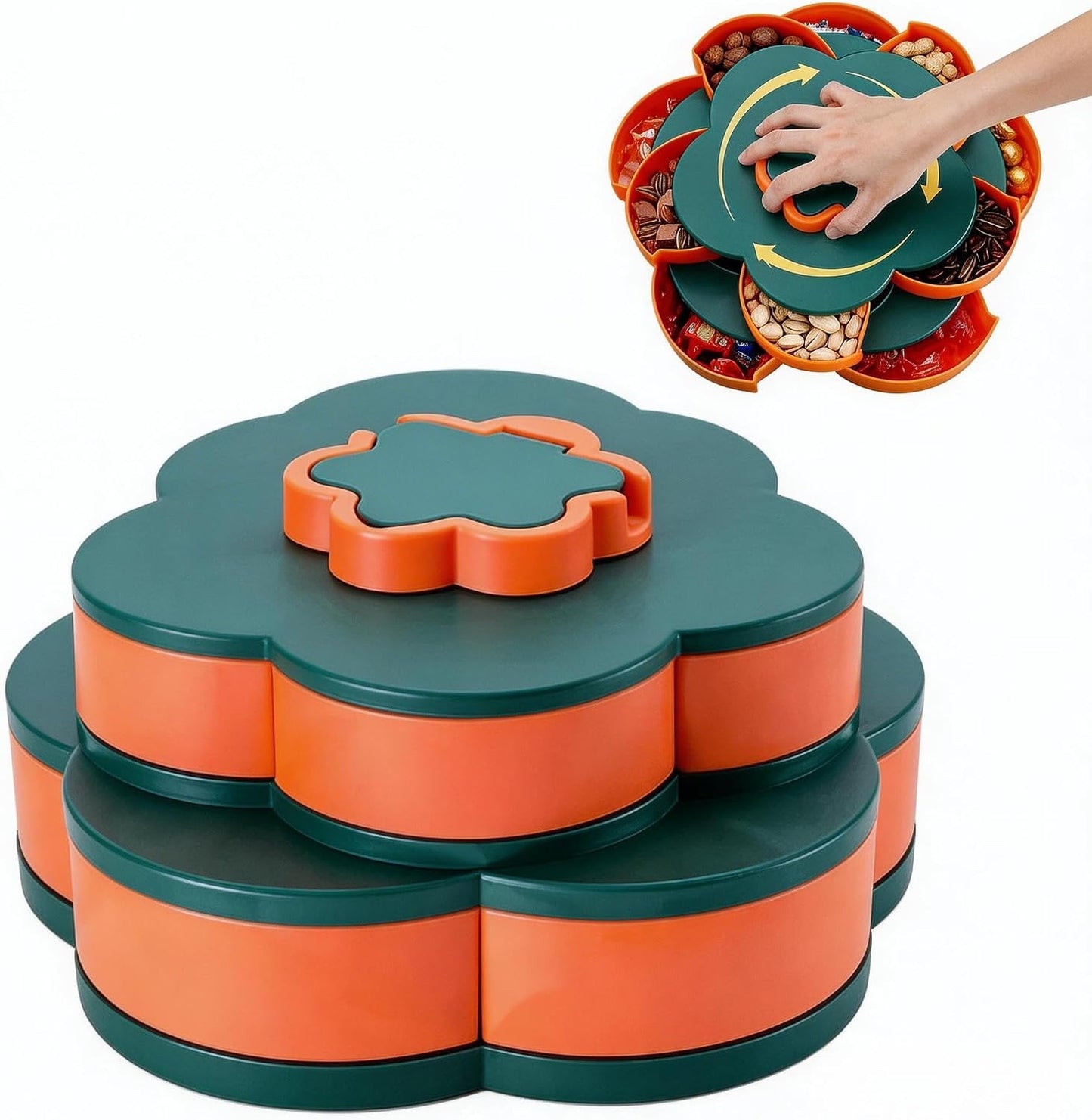 Upgraded Rotating Snack Tray in 2026, 10 Separate Flower Shaped Trays, Detachable Portable Snack Box with lid, Suitable for Parties, picnics, Kitchens, Candies, Nuts (Light Blue)