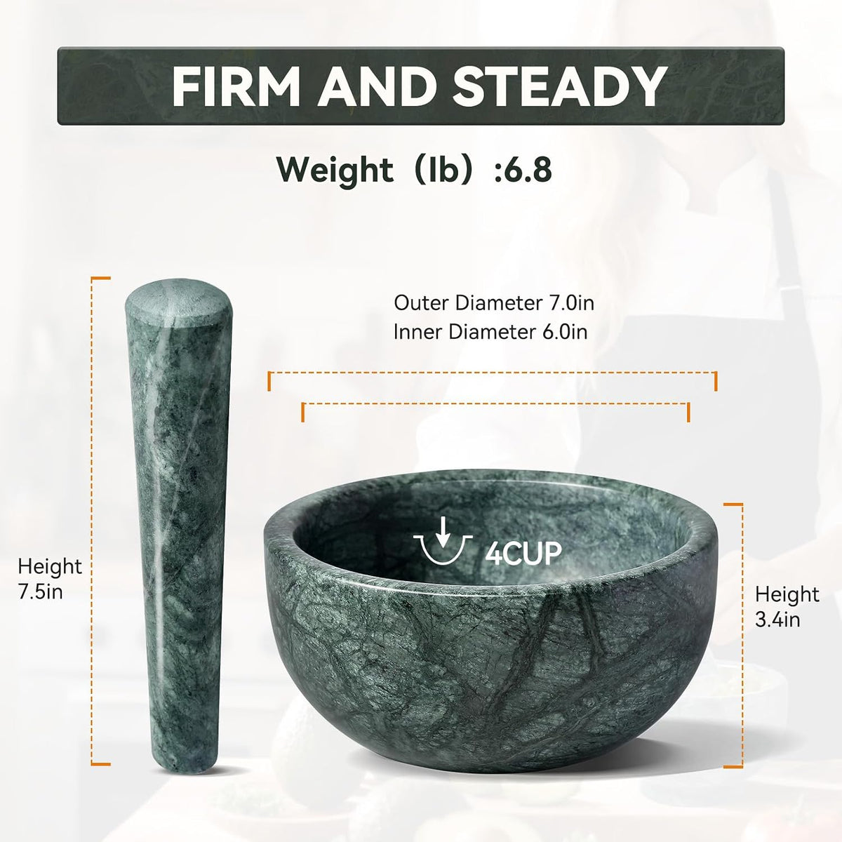 Koville Luxury Marble Mortar and Pestle Set, 7"-4cups Grinder Bowl for Guacamole, Salsa, Pill Crusher, Spice, Herb, Garlic, Nut, Heavy Duty Grinder for Kitchen
