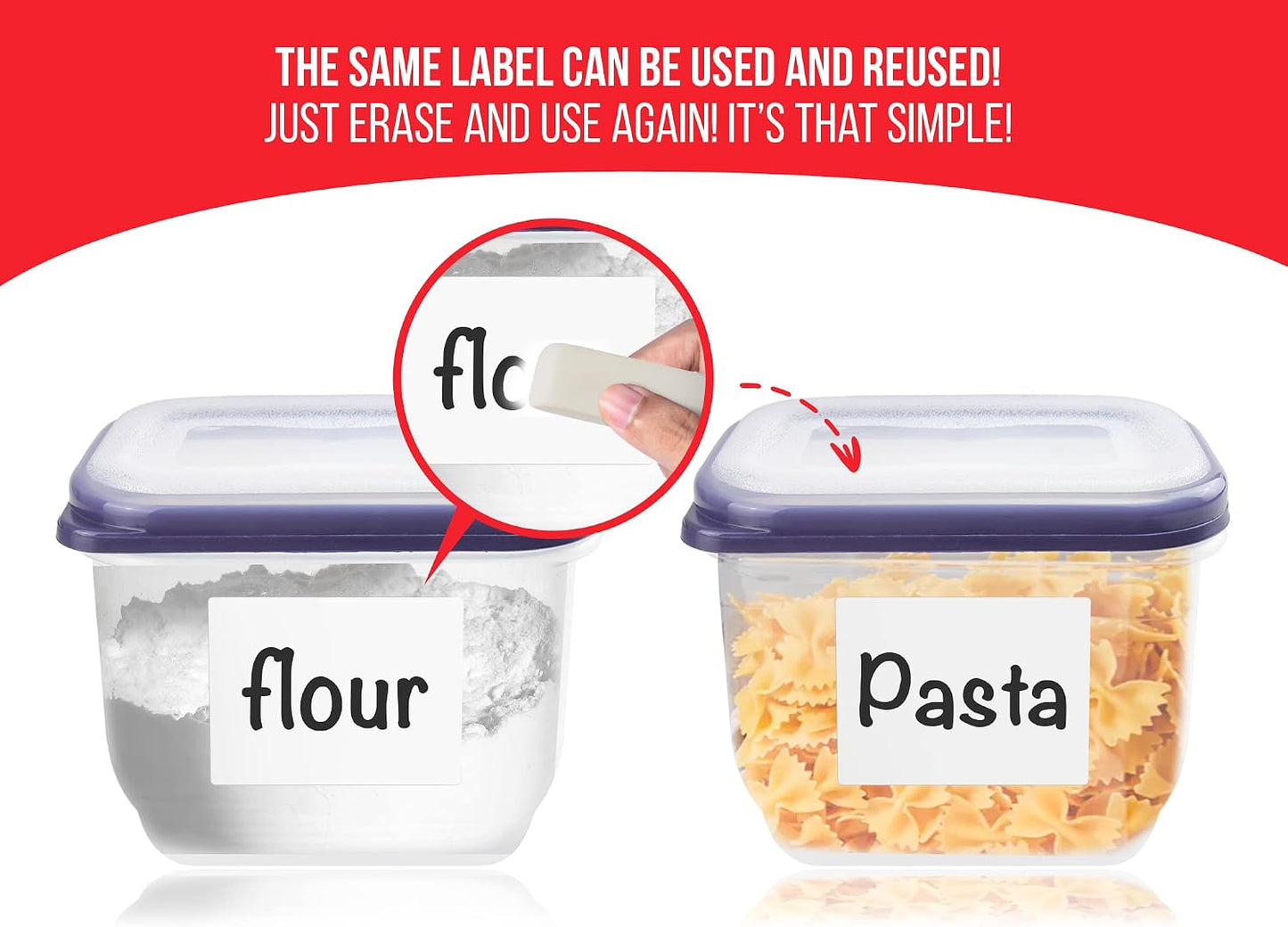 MESS Erasable Kitchen Labels, 96-Pack (1x3 & 1.5") – White Dry Erase Stickers for Pantry, Jars, Food Containers, Fridge & Freezer