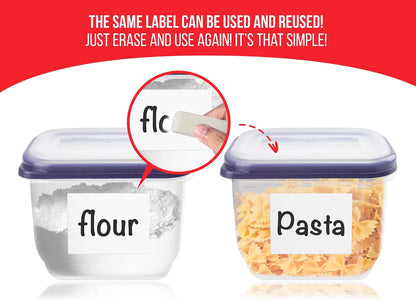 MESS Erasable Kitchen Labels, 96-Pack (1x3 & 1.5") – White Dry Erase Stickers for Pantry, Jars, Food Containers, Fridge & Freezer