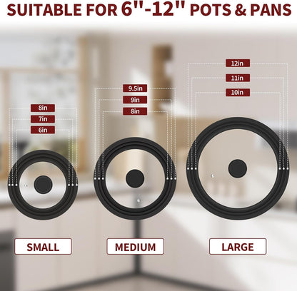 3 Pack Universal Pan Lids,Replacement Pan Lid Fits 6", 7" 8" & 8", 9" 9.5" & 10", 11" 12" Cookware,Tempered Glass Pan Cover with Heat Resistant Rim for Skillets, Pots, Frying Pans & CrockPot