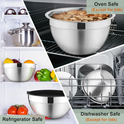 P&P CHEF Mixing Bowls with Lids Set of 6, Stainless Steel Nesting Salad Bowl & 3 Grater Attachments for Prepping Storing, 4.6/2.6/2/1.5/1/0.7 QT, Khaki