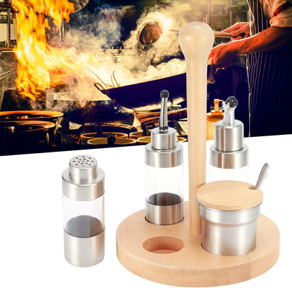 Cruet Set, Wood Condiment Spice Pepper Jar Box 5PCS Stainless Steel Plastic Oil Vinegar Salt Pepper Condiment Dispensers Set with Spoon (square wooden frame)