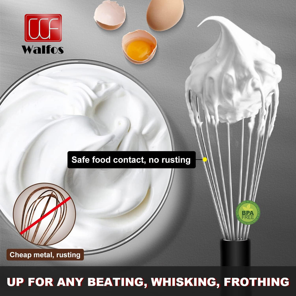 Walfos Silicone Whisk,Stainless Steel Wire Whisk -Heat Resistant 480°F Kitchen Whisks for Non-stick Cookware,Balloon Egg Beater Perfect for Blending,Whisking,Beating,Frothing & Stirring,Black