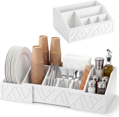 Paper Plate Dispenser Extendable, Paper Plate Holder for Kitchen Counter Wood Silverware Utensil Caddy Cutlery Flatware Organizer Box for Cups Spoons Forks Kitchen Accessories(Black)