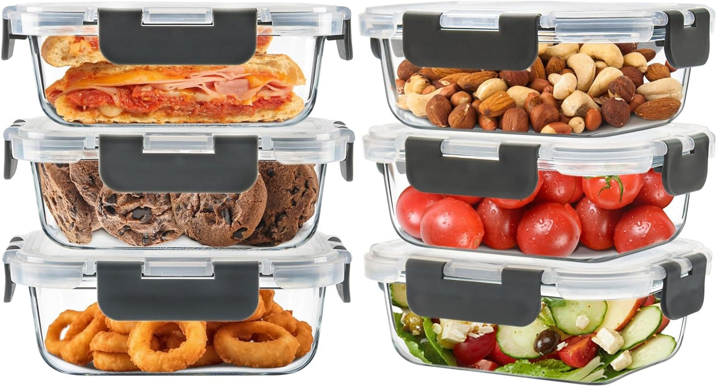 6Pack 22oz Glass Meal Prep Containers, Glass Food Storage Containers Sets with Snap Leak Proof Lids for Microwave, Oven, Freezer and Dishwasher Safe (Grey, 22oz)