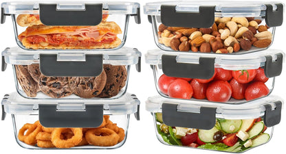 6Pack 22oz Glass Meal Prep Containers, Glass Food Storage Containers Sets with Snap Leak Proof Lids for Microwave, Oven, Freezer and Dishwasher Safe (Grey, 22oz)