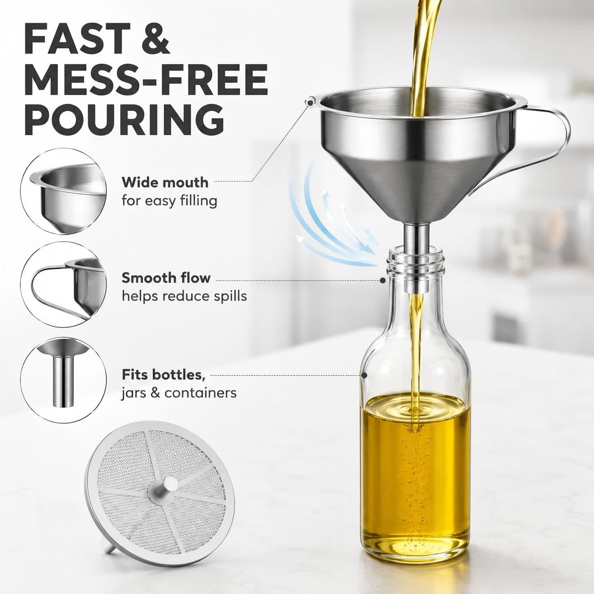 304 Stainless Steel Funnel with Filter Mesh, Thickened Stainless Steel Kitchen Filter Funnel, Kitchen Food-Contact Use Metal Funnels for Oil, Jam & Spice Filling (4.7in)