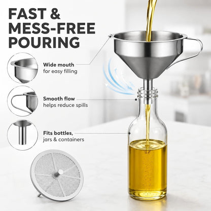 304 Stainless Steel Funnel with Filter Mesh, Thickened Stainless Steel Kitchen Filter Funnel, Kitchen Food-Contact Use Metal Funnels for Oil, Jam & Spice Filling (4.7in)