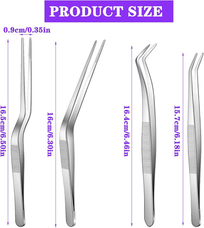 Nogeqi 4 pcs Food Tweezers, Kitchen Tweezers for Cooking, Stainless Steel Chef Tweezers, 6.3 Inch Food Chef Culinary Tweezers Tongs Set for Baking Decorating Feeding Plating(Silver)