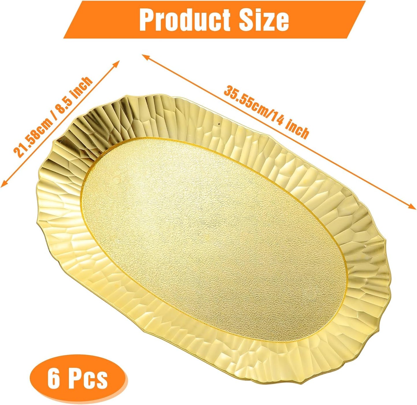6 Pack Plastic Serving Tray Set, Gold Rectangular Serving Platters 14"x8.5", Reusable Food Display Trays, Decorative Appetizer Platters for Party Dessert Table Cupcake Charcuterie Cookies