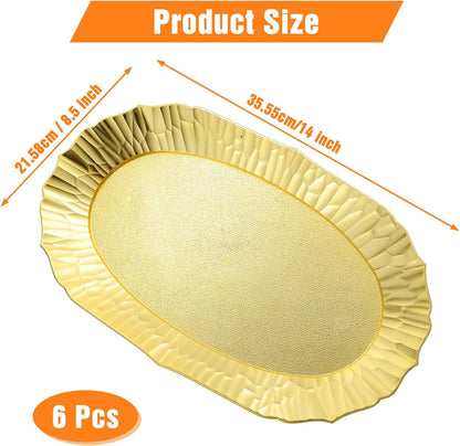 6 Pack Plastic Serving Tray Set, Gold Rectangular Serving Platters 14"x8.5", Reusable Food Display Trays, Decorative Appetizer Platters for Party Dessert Table Cupcake Charcuterie Cookies