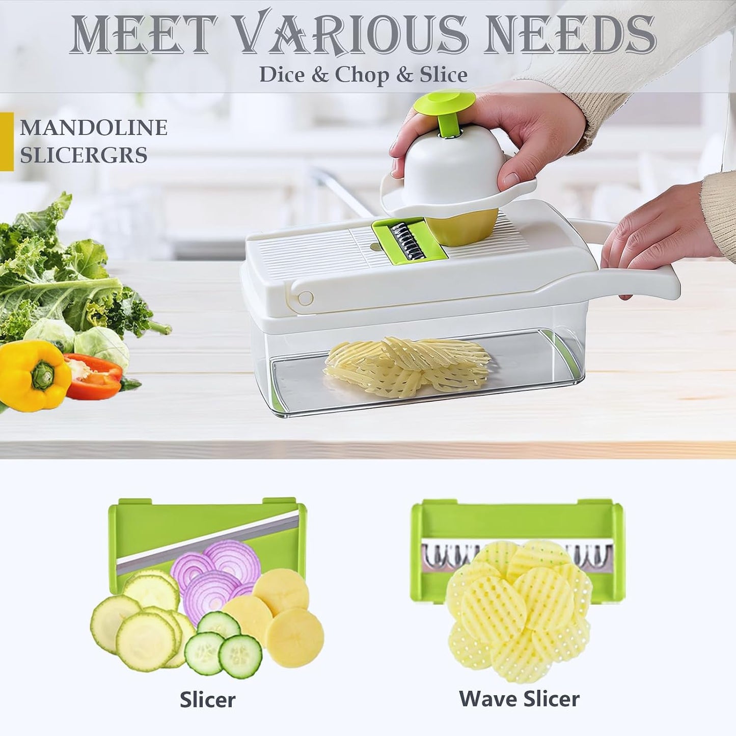 Vegetable Chopper Dicer with Container | Cheese Grater Mandoline Slicer Cabbage Shredder French Fry Cutter Stainless Steel for Veggie Onion Potato Fruit Food, Manual Hand Cooking Gadget for Kitchen
