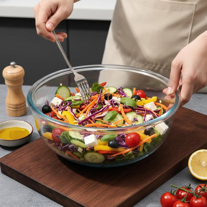 4.7Qt Large Glass Mixing Bowl with Lid, Clear Large Salad Bowls with Airtight Bamboo Lid & Handle,Thickened Glass Big Mixing Bowls Cooking Bowl for Serving, Food Prep, Kitchen,Borosilicate Glass