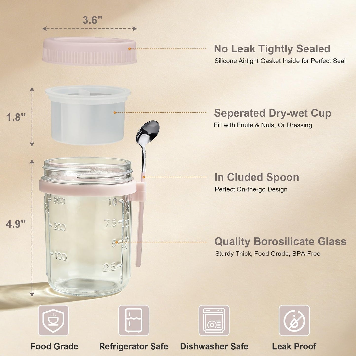 Overnight Oats Containers with Lids and Spoons - 4 Pack 16 oz Glass Mason Jars with Separate Compartments Airtight Overnight Oat Jars Leakproof Yogurt Parfait Cup for Oatmeal Chia Pudding Cereal Salad