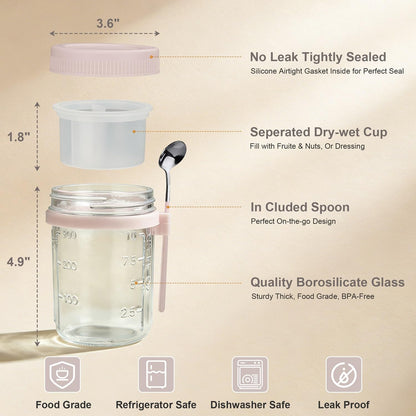 Overnight Oats Containers with Lids and Spoons - 4 Pack 16 oz Glass Mason Jars with Separate Compartments Airtight Overnight Oat Jars Leakproof Yogurt Parfait Cup for Oatmeal Chia Pudding Cereal Salad