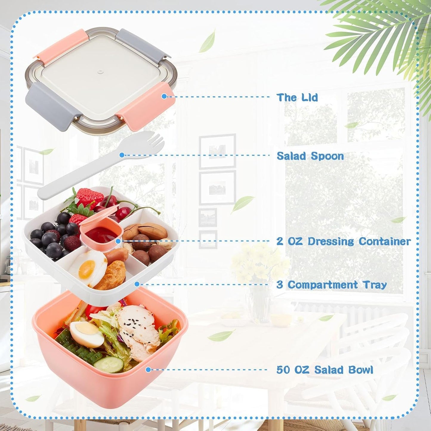 Tessco for you 6 Pcs Salad Lunch Container 50 oz Salad Container with 3 Compartment Reusable Bento Box for Adults Stackable Lunch Bowl for Meal Snack Fruit(Pink)