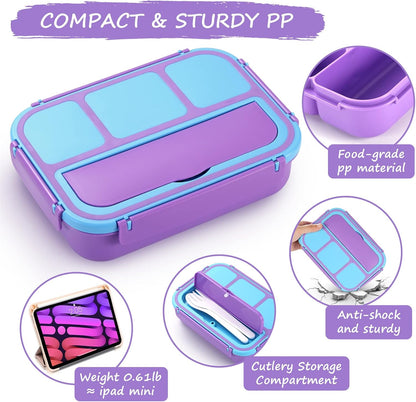 QQKO Bento Lunch Box for Kids Girls Boys, Toddler Kids Lunch Boxes for School, Lunch Containers for Adults with 4 Compartments, Sauce Container, Utensils, Food Picks and Muffin Cups, Purple