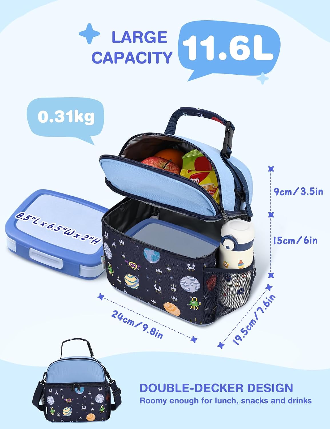 VASCHY Lunch Box Bag for Kids, Insulated Double Compartments Cooler Lunch Tote for Toddlers Boys Girls School/Daycare/Picnic Black Dinos