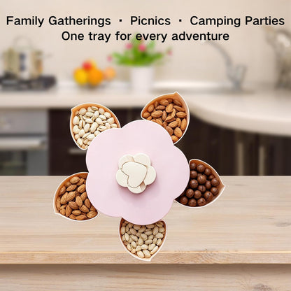 Flower-Shaped Divided Serving Tray that Spins – 5-Compartment Rotating Snackle Box Container with Lid, Decorative Round Veggie & Fruit Platter, Lazy Susan for Kitchen, Party, Gift (BPA-Free) (Red)