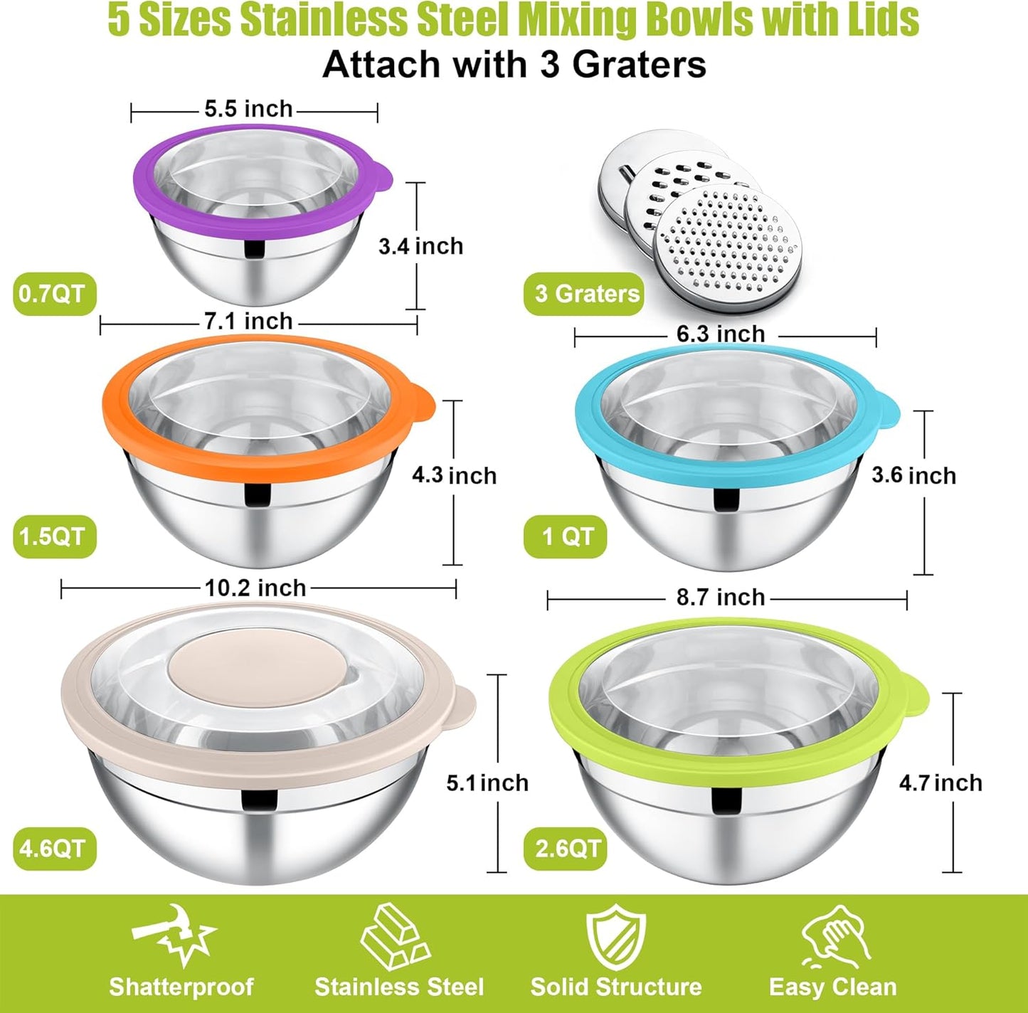 E-far Mixing Bowls Set of 5, Stainless Steel Salad Mixing Bowl with Transparent Lid, Metal Nesting Bowl Attach with 3 Graters for Kitchen Prepping/Serving/Baking/Storage, 4.6/2.6/1.5/1/0.7 QT - Black
