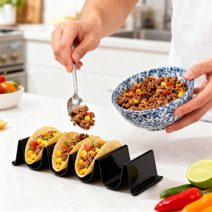 JAPCHET 24 PCS Taco Holder Stands, Black Large Taco Rack Tray Plates Plastic for Tacos Tuesday Night Party Supplies, Each Holds Up to 4 Tacos