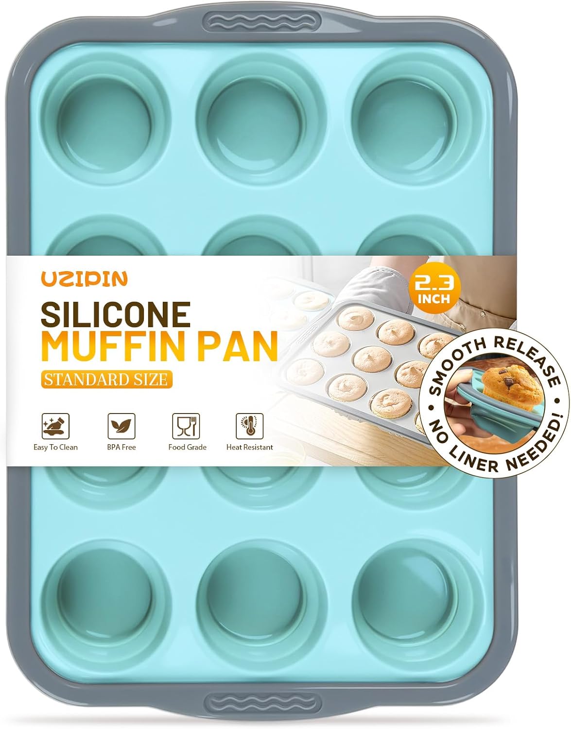 Silicone Muffin Pan, 12 Cups Non-Stick Cupcake Pan, Food-Grade BPA-Free Muffin Tin, Oven-Safe 450 °F, Reinforced Steel Frame, Easy-Grab Handles, Quick-Release 2.3" Baking Molds for Mini Treats