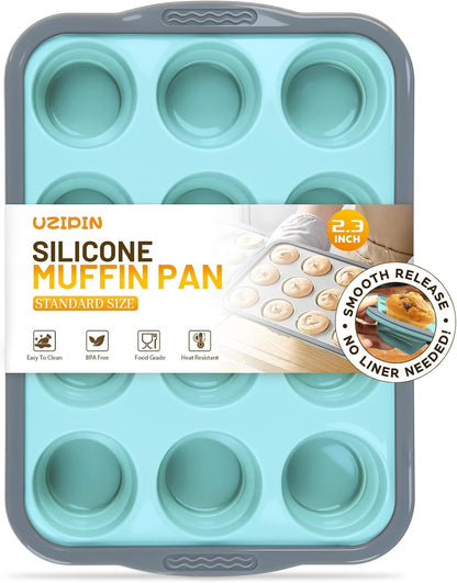 Silicone Muffin Pan, 12 Cups Non-Stick Cupcake Pan, Food-Grade BPA-Free Muffin Tin, Oven-Safe 450 °F, Reinforced Steel Frame, Easy-Grab Handles, Quick-Release 2.3" Baking Molds for Mini Treats