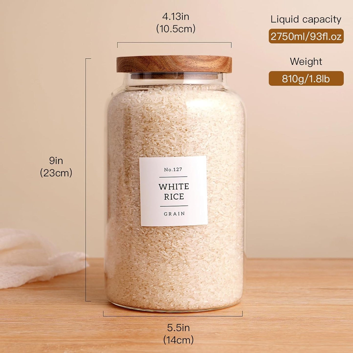 CZHQSMZ Set of 2 Large Glass Flour and Sugar Containers with 132 Pantry Labels - Glass Food Storage Jars with Airtight Bamboo Lid for Flour Pasta Candy Coffee Cookie and More(1 Gallon/4000 ml)