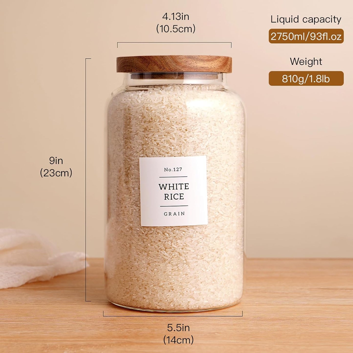CZHQSMZ Set of 2 Large Glass Flour and Sugar Containers with 132 Pantry Labels - Glass Food Storage Jars with Airtight Bamboo Lid for Flour Pasta Candy Coffee Cookie and More(1 Gallon/4000 ml)