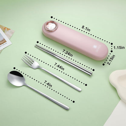 DEVICO Travel Utensils with Case Cute, Reusable Silverware for Lunch, 4Pcs Portable Cutlery Set, 18/8 Stainless Steel Fork Spoon Chopsticks in Cartoon Case, Dishwasher Safe (Light Yellow)