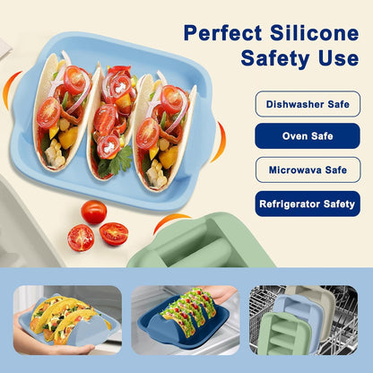 Silicone Taco Holder Set of 4 - Reusable Taco Stands with Dividers, Taco Tuesday Kit for Family Mexican Meals, Non-Slip Sturdy Taco Tray Racks, Dishwasher & Microwave Safe