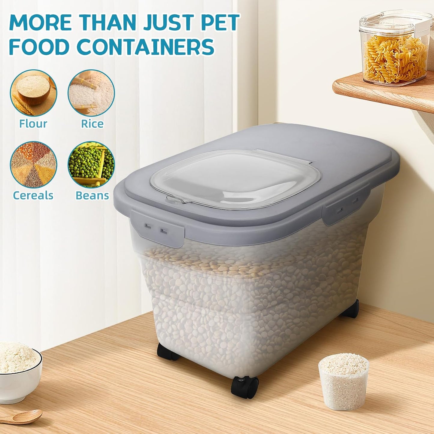 Dog Food Container, Collapsible Pet Food Storage Container 17-20 lb with Rolling Wheels & Airtight Lid, Plastic Storage Bin With Dog Food Scoop and Measuaring Cups