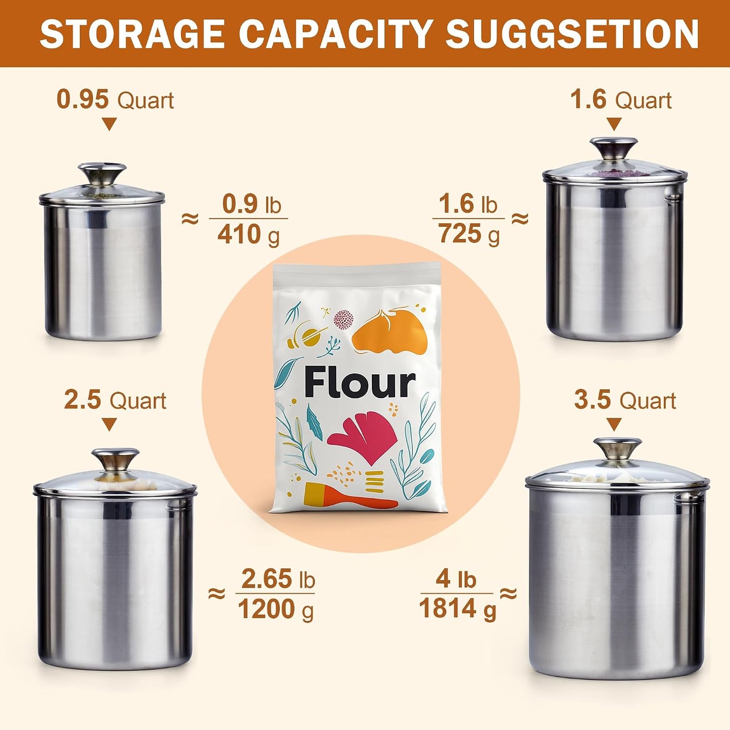 Cooks Standard Classic Stainless Steel Food Jar Storage Canister Set Medium, Airtight Containers with Glass Lid for Tea Coffee Sugar Flour Pantry Kitchen Counter, 4-Piece