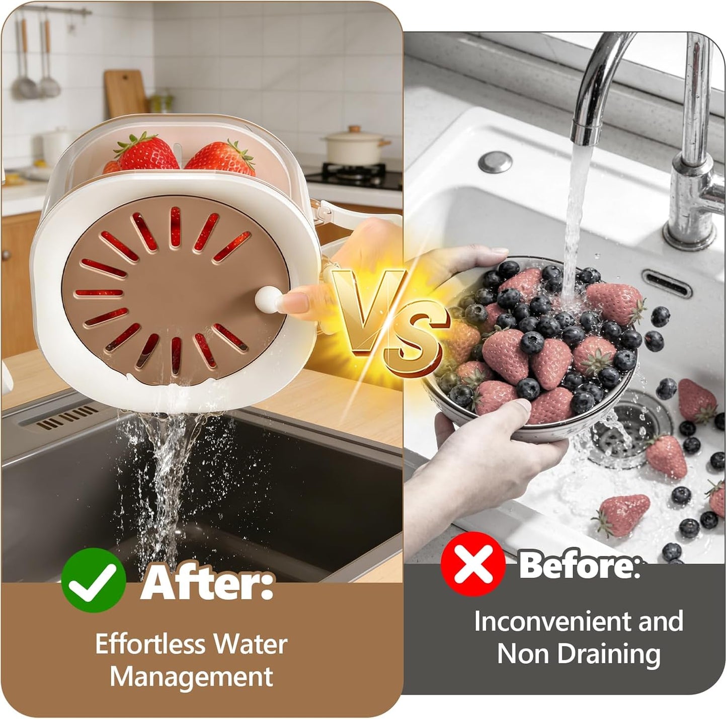 2PCS Fruit Washer with Strainer - Draining and Preservation Basket Fruit Washing Bowl Fridge Berry Container,Folding Handel for Kitchen,Outdoor