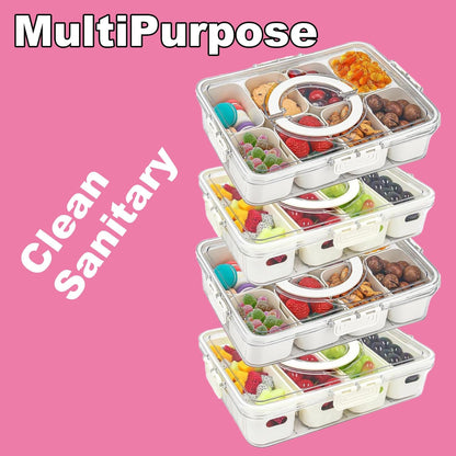Snackle Box Container,Portable Snack Box 8 Compartment Divided Serving Tray with Lid and Handle,Clear Storage Organizer for Fruit Candy Nuts Perfect for Road Travel Party