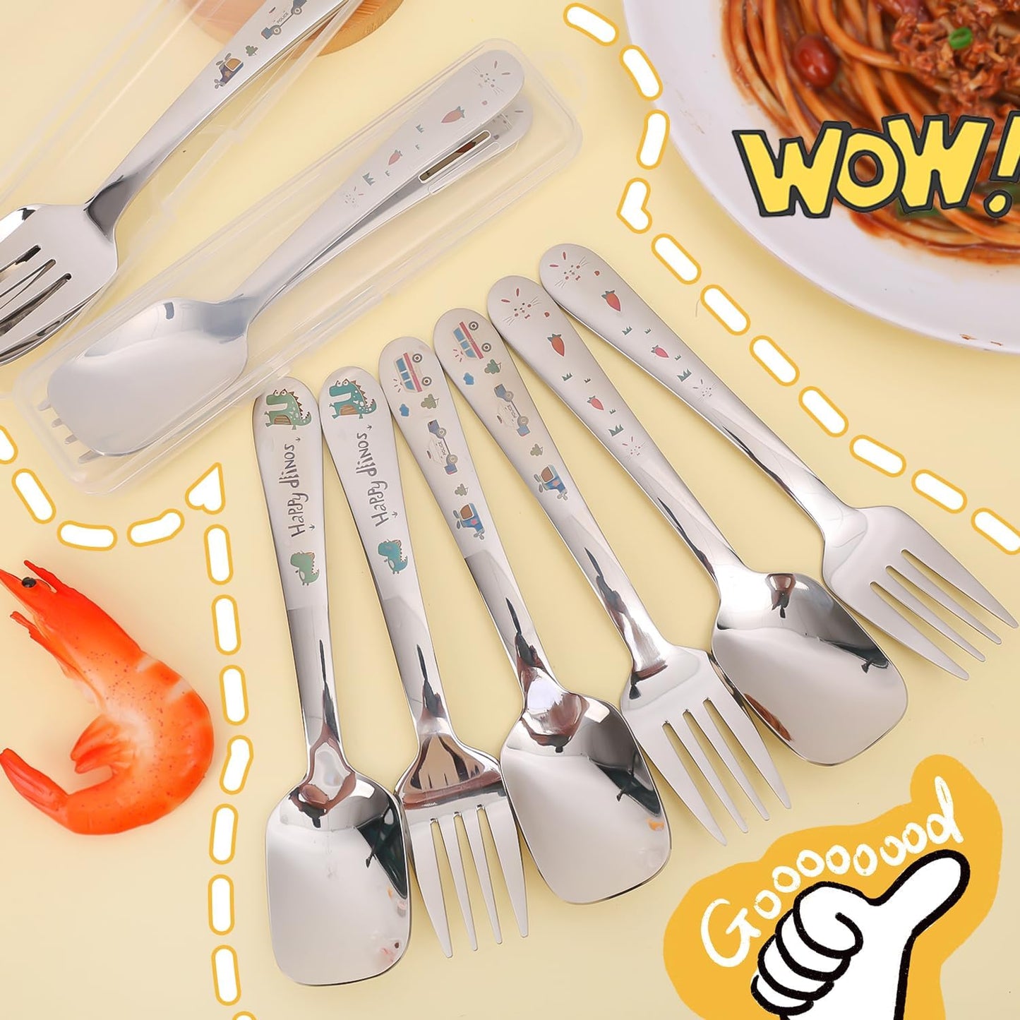 Cute Cartoon Spoon Fork Dinnerware Sets with Case Cute Kawaii Portable Travel Stainless Steel Cutlery Set Kitchen Utensils Tableware (Monsters,16.5x4cm)