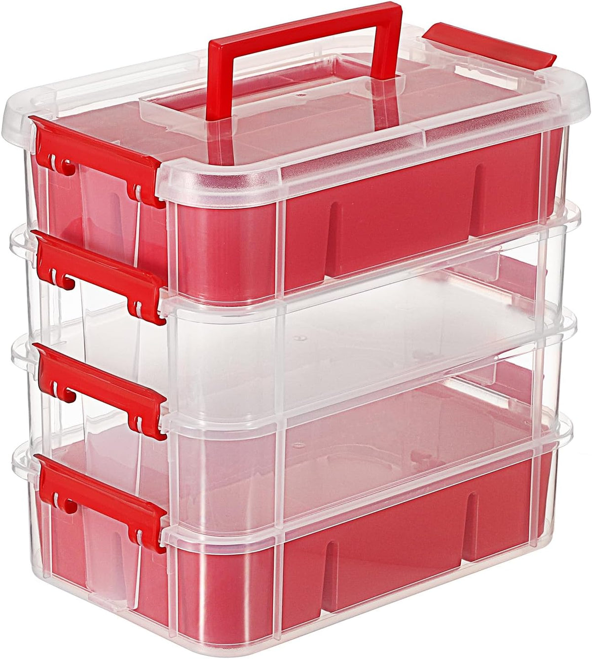 JUXYES 4-Tiers Plastic Stack Carry Storage Containers Box wih Handle Lids | Clear Stackable Latching Storage Bin With 2 Tray for School Office, Organizing Sewing, Art Craft, DIY Supplies, Blue