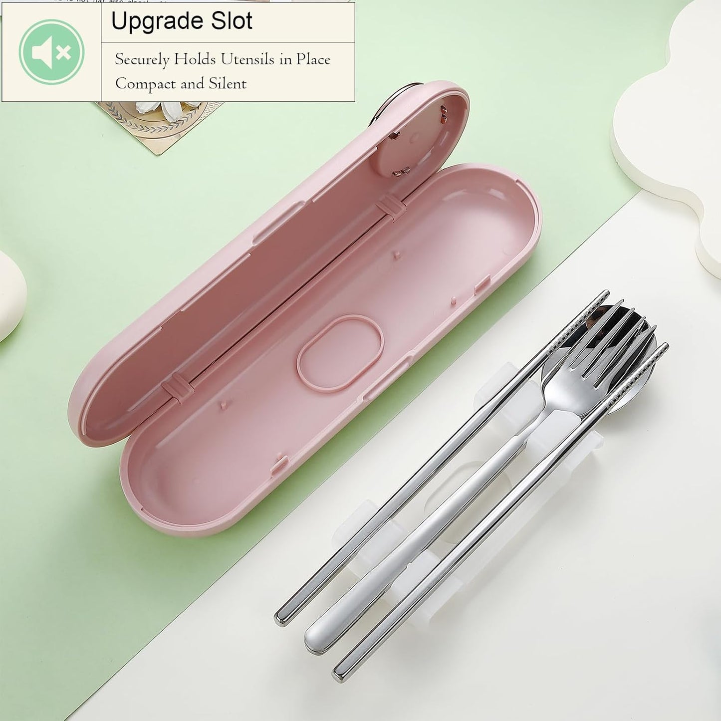 DEVICO Travel Utensils with Case Cute, Reusable Silverware for Lunch, 4Pcs Portable Cutlery Set, 18/8 Stainless Steel Fork Spoon Chopsticks in Cartoon Case, Dishwasher Safe (Light Yellow)
