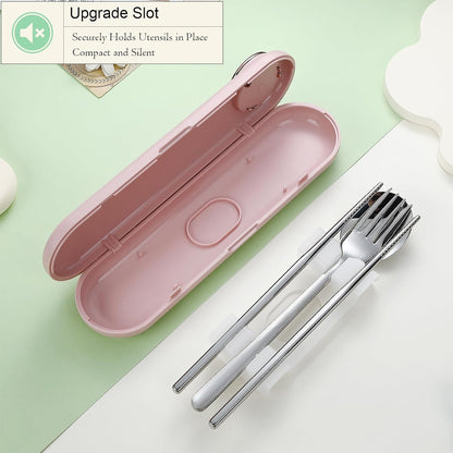 DEVICO Travel Utensils with Case Cute, Reusable Silverware for Lunch, 4Pcs Portable Cutlery Set, 18/8 Stainless Steel Fork Spoon Chopsticks in Cartoon Case, Dishwasher Safe (Light Yellow)